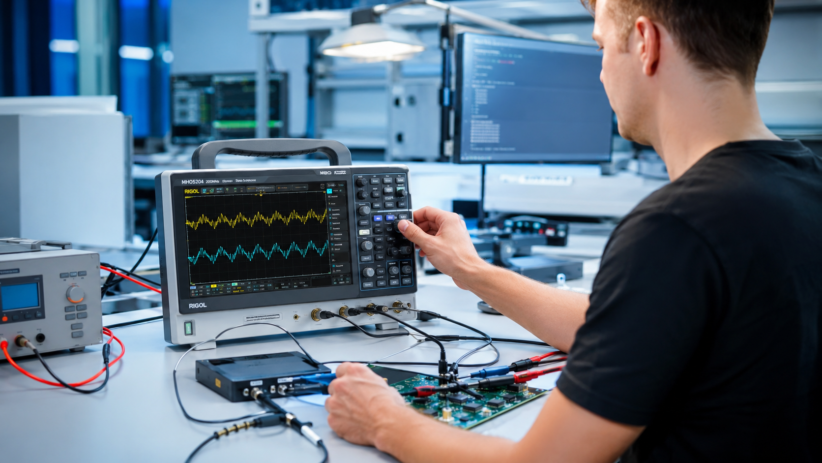Technik pracuje s osciloskopem – ilustrace k technologiím Rohde & Schwarz
